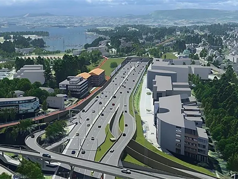 Bygging av nytt Fornebukryss (nærmest) og Stabekklokket (ca midt i bildet) inngår i entreprise E102 Fornebukrysset-Strand. Ill. ViaNova