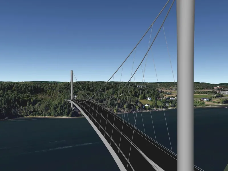Det mest synlige byggverket i den nye fastlandsforbindelsen mellom Færder kommune og E18 blir en 580 meter lang hengebru. Illustrasjon: Bypakke Tønsberg-regionen.