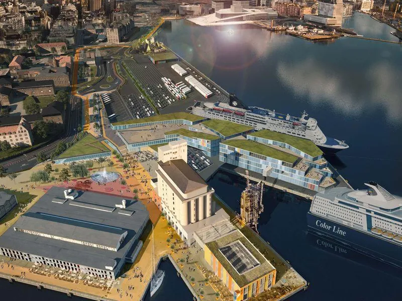 Attraktivt byrom: Slik kan en mulig felles fergeterminal utvikles på Vippetangen. Her vises et mulighetsrom. Havnestyret har vedtatt at Oslo Havn skal gå inn for en felles fergeterminal på Vippetangen. Nå er utredningen på Vippetangen under arbeid. Illustrasjonene er tegnet av Alt.arkitektur AS for Oslo Havn KF.