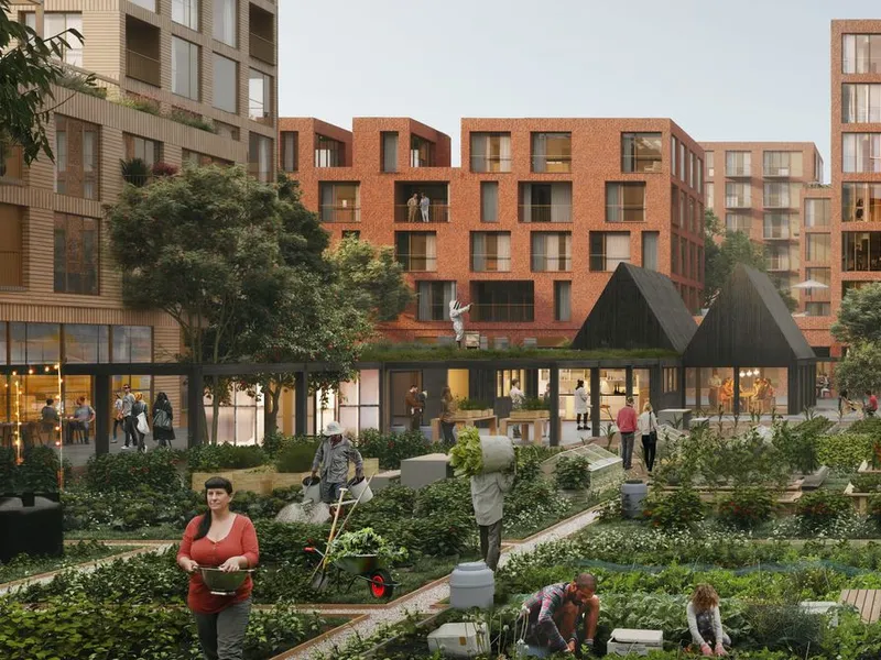 URBAN FARMING: Illustrasjonsbilde av boligprosjektet 9.4 med felleshage og -hus i midten.