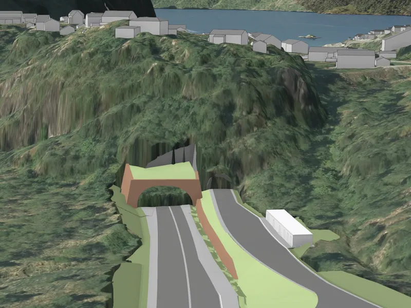 Illustrasjon viser ny vegtunnel på Helle i retning vest. Dette er ein av stadene der det skal gå føre seg sikringsarbeid  over området der ny vegtunnel mellom Helle og Vaksdal skal sprengast ut. Til høgre ser ein Lågaskartunnelen i retning Stanghelle på dagens E16.