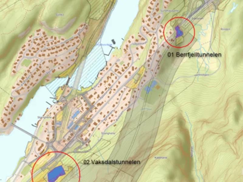 Kart som viser områder der det skal gå føre seg arbeid med berg- og skredsikring på Stanghelle og Helle.