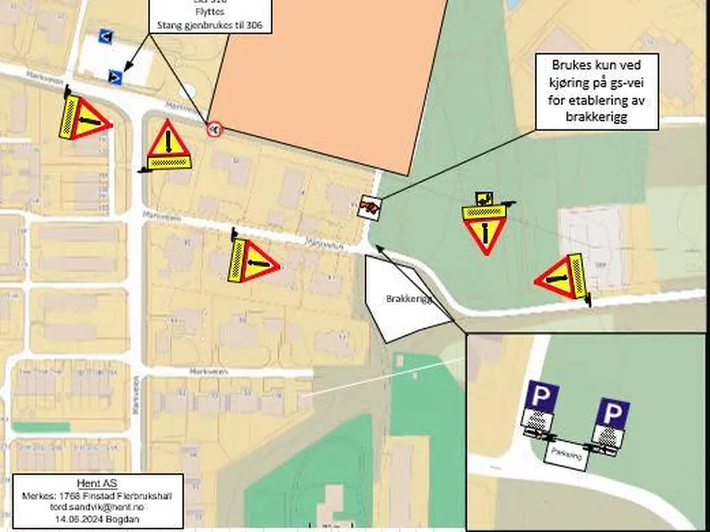 Skilting på gangveier under byggingen av Finstadhallen juni 2024