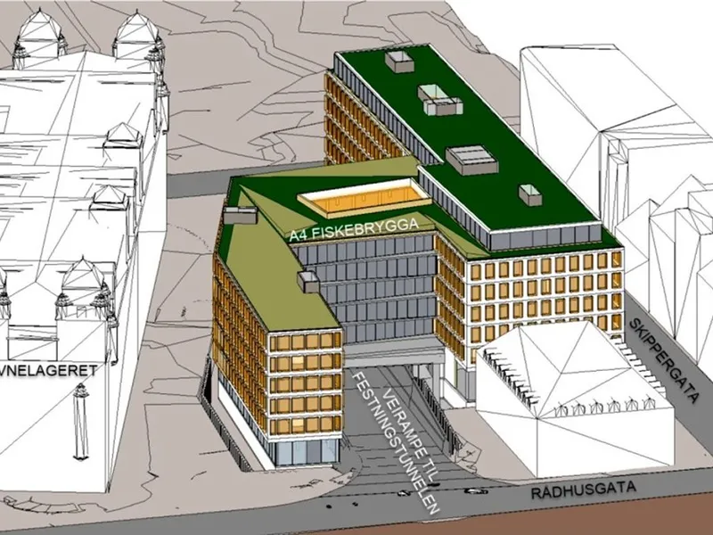 Slik ser man for seg at det nye bygge skal plasseres over tunnelåpningen ned mot Operatunnelen.Hav Eiendom