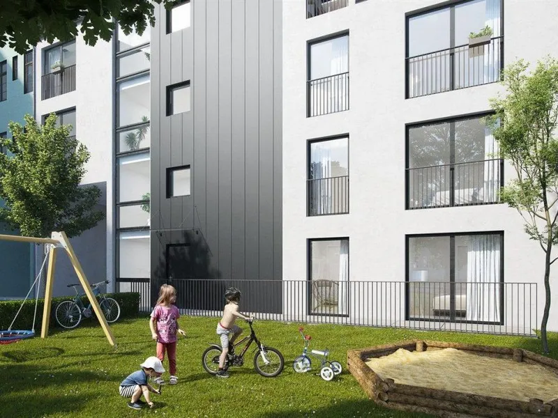 Illustrasjon av en bygård i fire etasjer