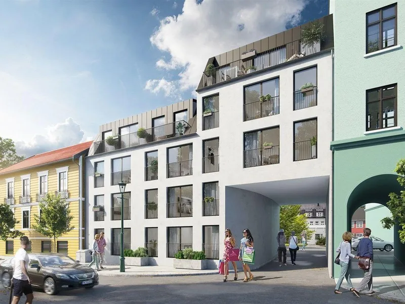 Illustrasjon boligbygg i 4 etasjer, hvit fasade med store vinduer