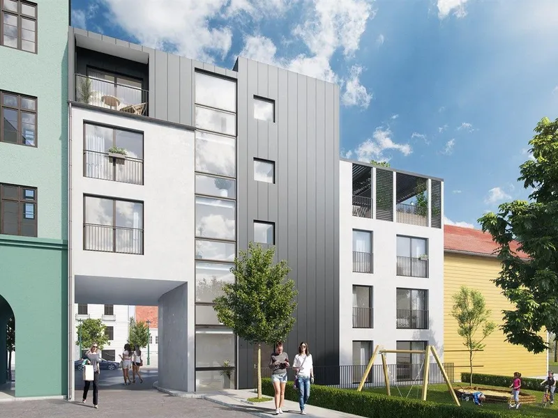 Illustrasjon boligbygg i 4 etasjer, hvit fasade med store vinduer