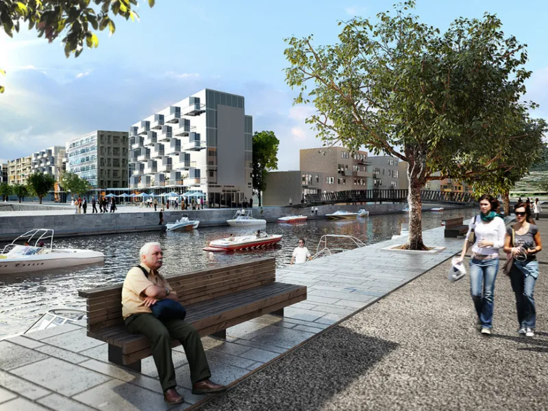 Mennesker som går på promenaden langs en elv, illustrasjon av nybygg i bakgrunnen