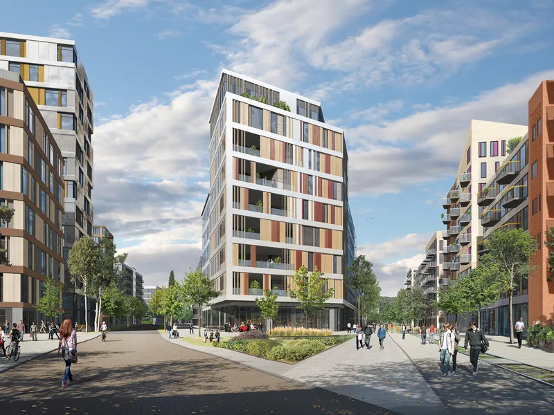 Illustrasjon av bydelen med trivelige gateplan