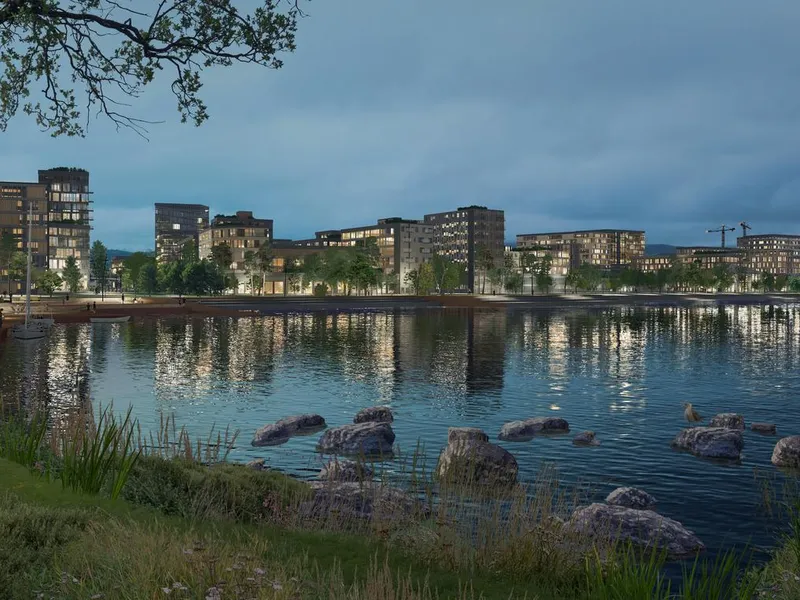 Utsikt fra vannkanten mot boligområdet, på kveldstid. Illustrasjon