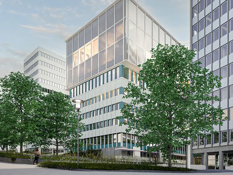OBOS flytter neste år til Ulven i Oslo hvor byggingen av Construction City er i full gang. De gamle kontorbyggene på Hammersborg torg, vegg i vegg med Regjeringskvartalet, skal pusses opp og leies ut. Illustrasjon: Mad arkitekter
