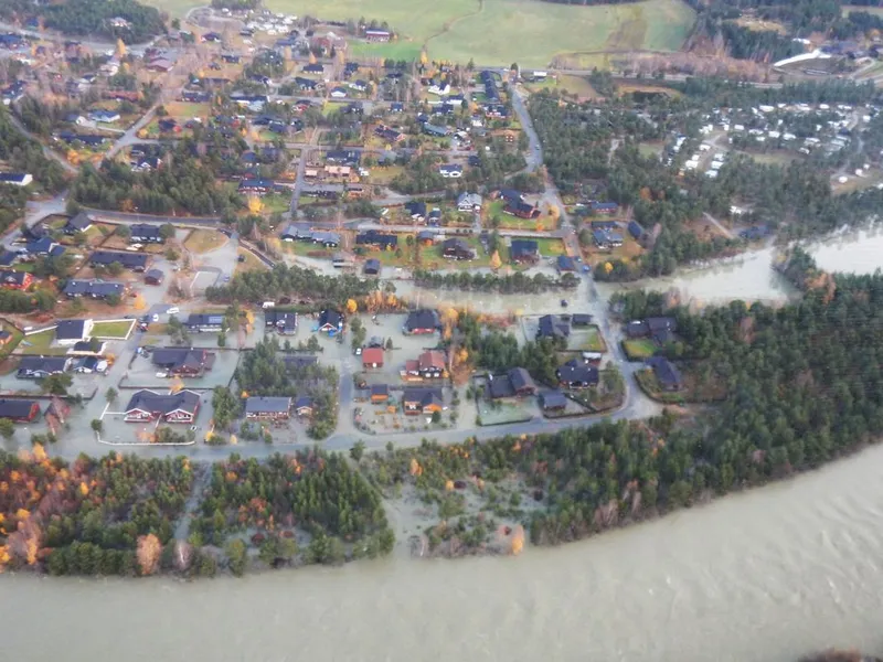 Bilde fra flommen i Bismo oktober 2018. Foto: NVE