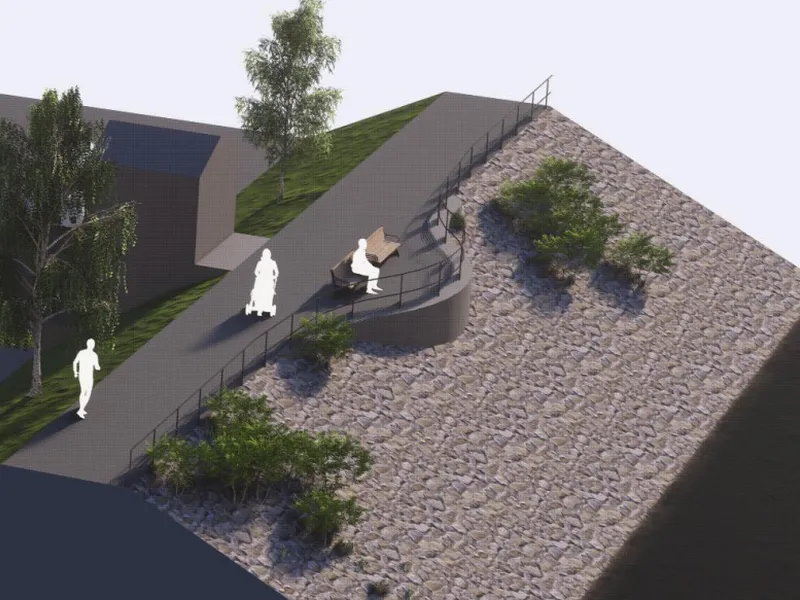 Figuren viser forslag til nyplanting av hengebjørk på innsiden av flomvollen og etablering av sittebenker langs gang- og sykkelvegen. Illustrasjon: Norconsult. - Klikk for stort bilde