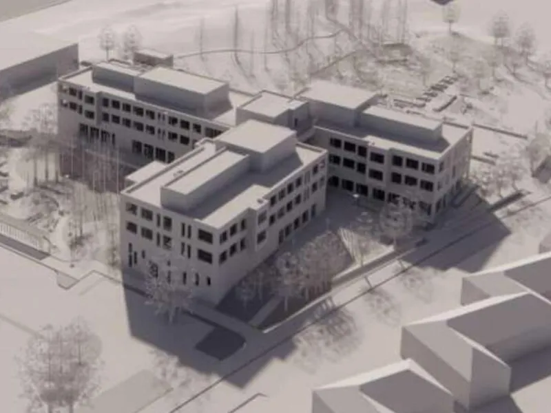 Fløysbonn ungdomsskole skal oppføres over tre etasjer og får et bruttoareal på inntil ni tusen kvadratmeter. Illustrasjon: Arkitema/ Nordre Follo kommune.