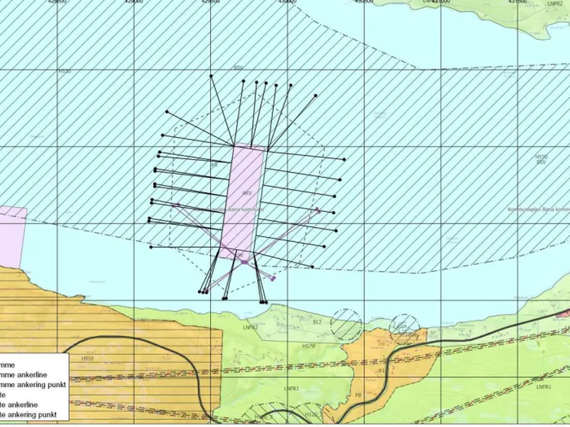 Kart over fjord med oppdrettsanlegg. - Klikk for stort bilde