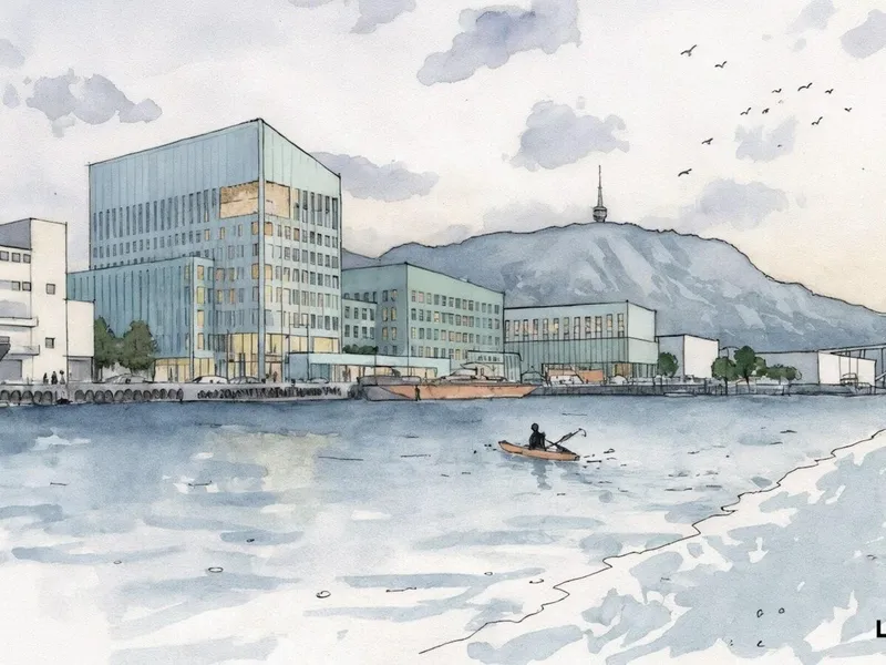 Slik kan nybygget for Havforskningsinstituttet og Fiskeridirektoratet plasseres på kaikanten på Dokken i Bergen sentrum. Illustrasjon: Henning Larsen arkitekter.