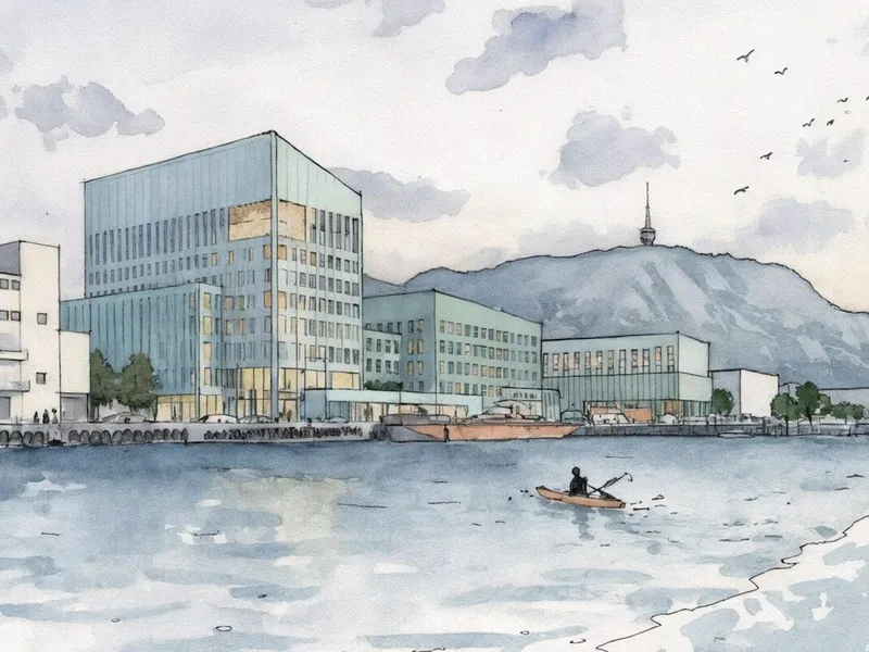 Slik kan nybygget for Havforskningsinstituttet og Fiskeridirektoratet plasseres på kaikanten på Dokken i Bergen sentrum. Illustrasjon: Henning Larsen arkitekter.