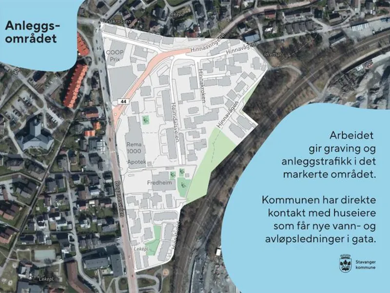 Kart over anleggsområdet, med informasjon om at området blir berørt av anleggsvirksomhet.