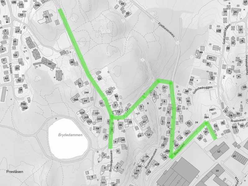 Kartutsnitt Fjellheimveien nedre del - Klikk for stort bilde