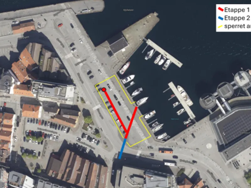 Kjeringholmen i fugleperspektiv. Gravetraséer og avsperret område er markert på bildet.