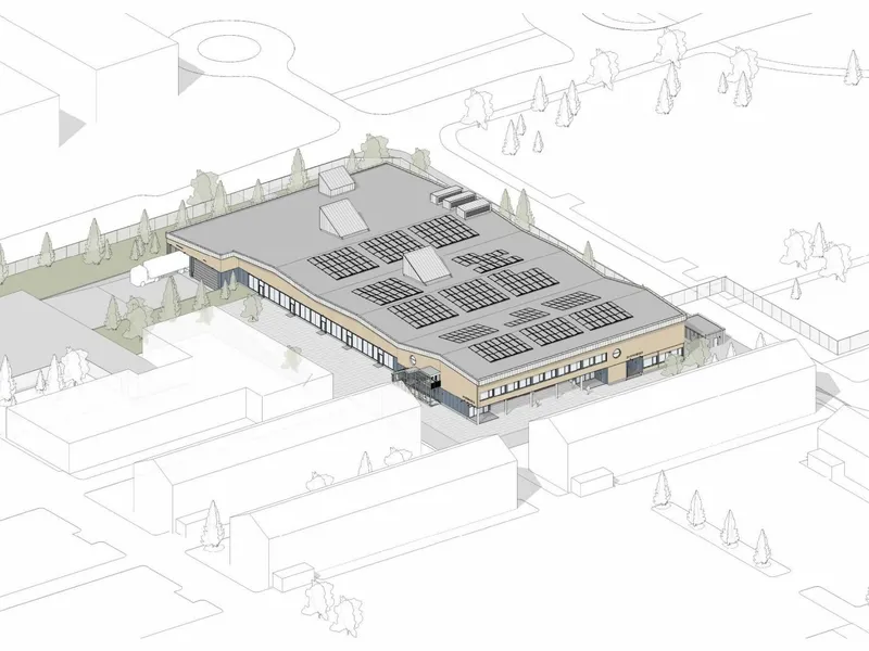 Det nye forpleiningsbygget blir et signalbygg på Terningmoen. Illustrasjon: Asplan Viak/ Forsvarbygg.