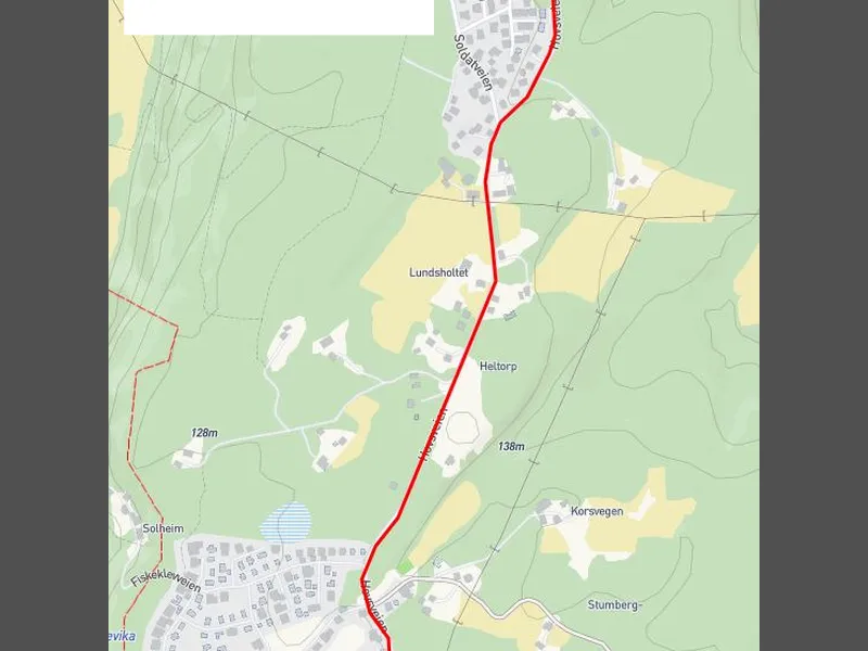 Anleggskart Hovsveien gangvei hvor det er tegnet inn en rød strek som viser hvor langt arbeidet med gangveien strekker seg - Klikk for stort bilde