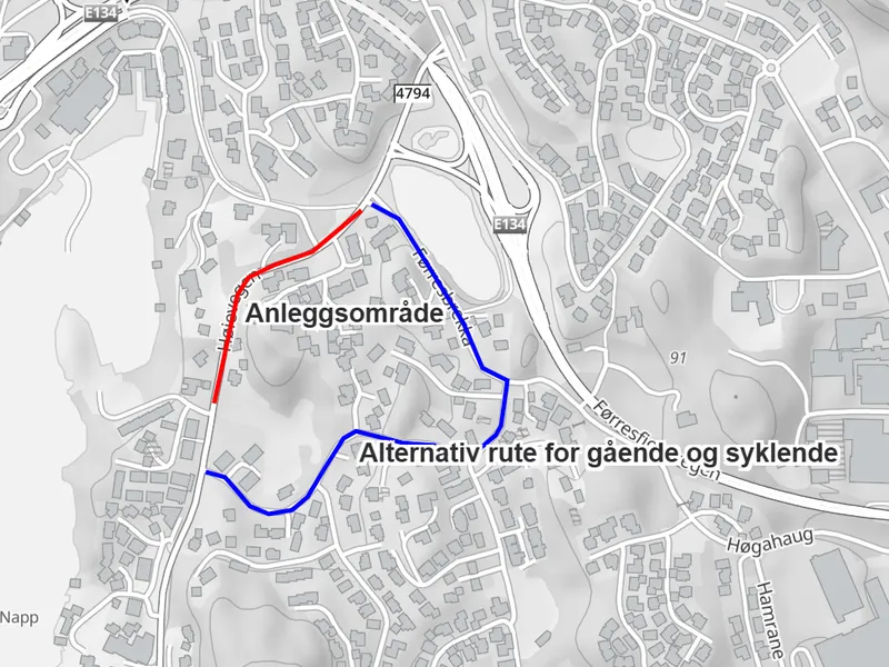 Langsmed Høievegen kjem fortau og lys på strekninga mellom Småget og Førrestjørn. Sjå den raude linja. - Klikk for stort bilde