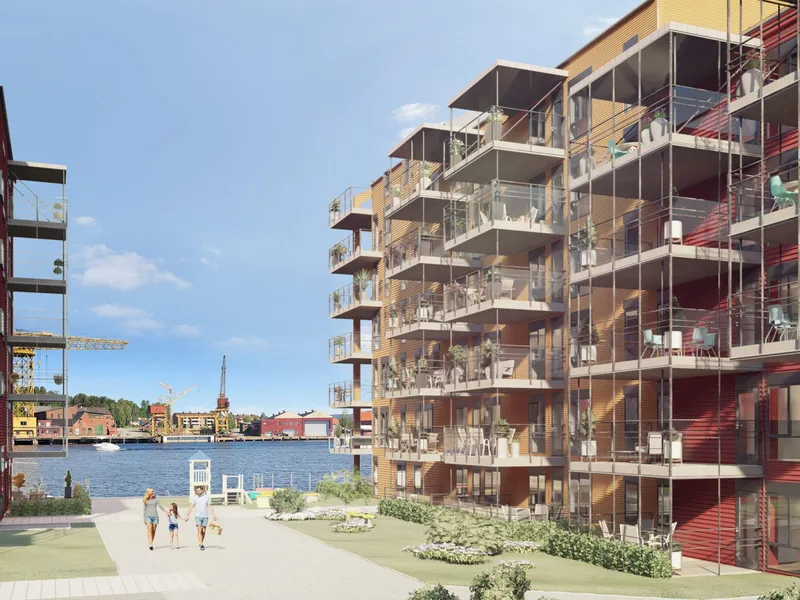 Illustrasjon av boligbygg, brygge etc
