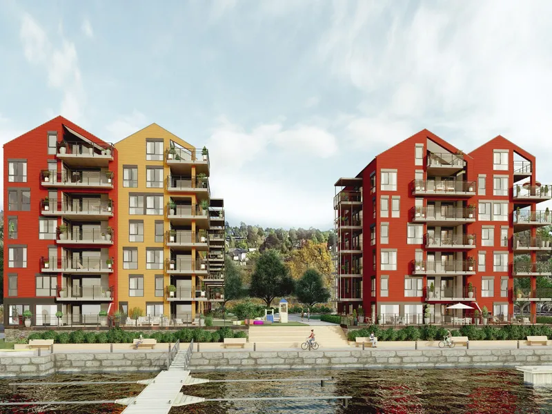 Illustrasjon av boligbygg, brygge etc