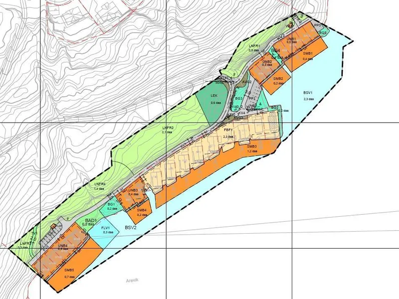 Plankart som viser plassering av dei ulike føremåla i planen. - Klikk for stort bilete