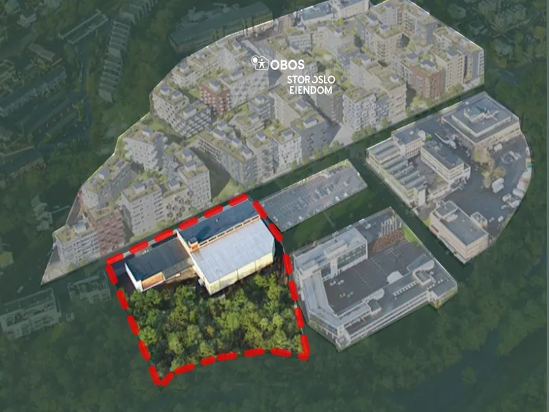 Den nye tomten i Frysjaparken-prosjektet til OBOS og Stor-Oslo Eiendom er markert i det rød feltet. Illustrasjon: OBOS/Stor-Oslo Eiendom