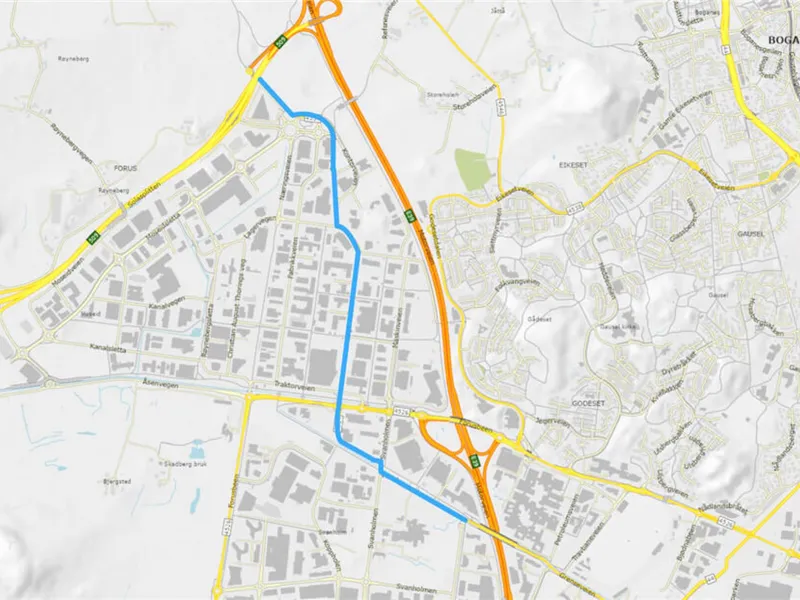 Den blå streken markerer hvor det nye bussvei-strekket skal bygges. Illustrasjon: Rogaland fylkeskommune.