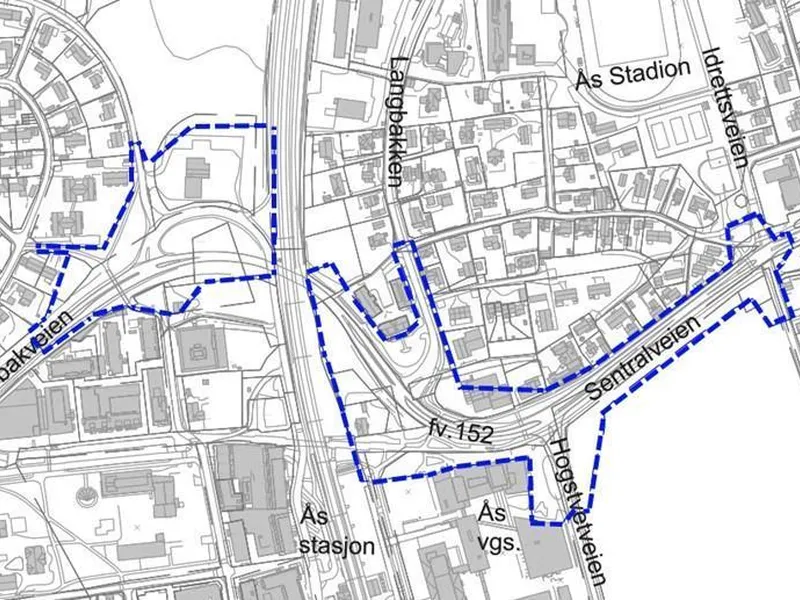 Planområdet er vist med blå stiplet linje på kartet. Planområdet er foreløpig, og kan bli justert underveis i planprosessen.  - Klikk for stort bilde