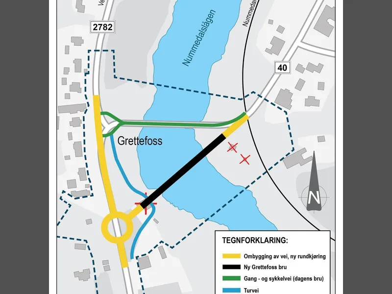 Et kart som viser hvor fylkeskommunen skal bygge ny Grettefoss bru, rundkjøring, gang- og sykkelvei og turvei. - Klikk for stort bilde