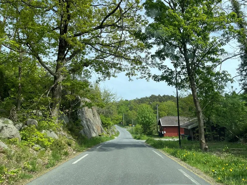 Foto av parti av fylkesveg 3564 Revesandsveien hvor det ikke er gang- og sykkelveg - Klikk for stort bilde
