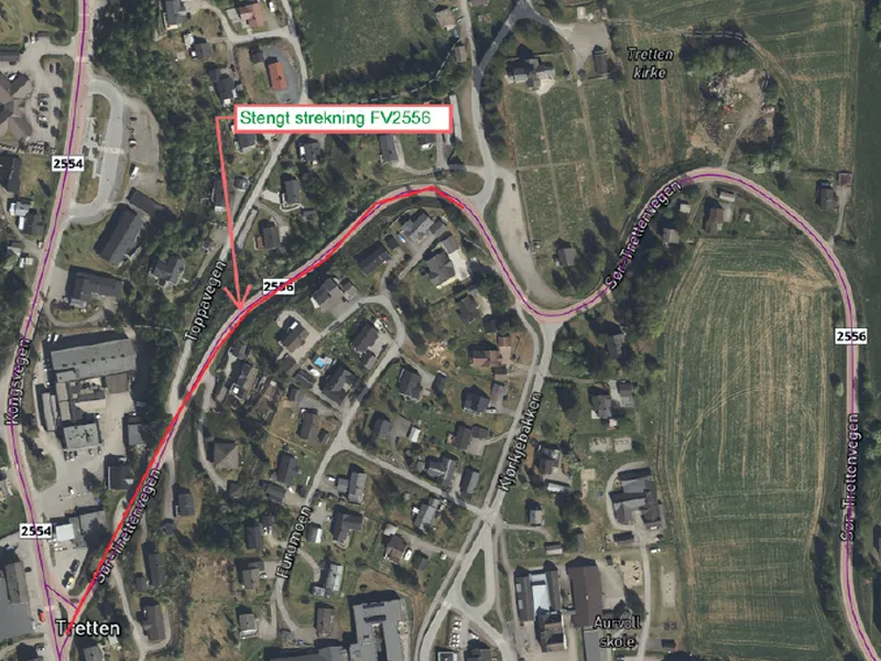 Kart som viser at Sør-Trettenvegen er stengt. - Klikk for stort bilde