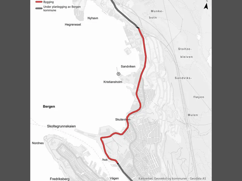 Kart som viser delstrekningen av Sykkelstamvegen som er lyst ut. Kart: Statens vegvesen