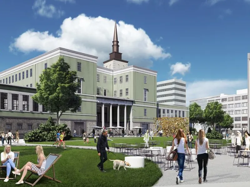 Slik kan gamle Deichmanske, omgitt av den nye Regjeringsparken, se ut om noen år.