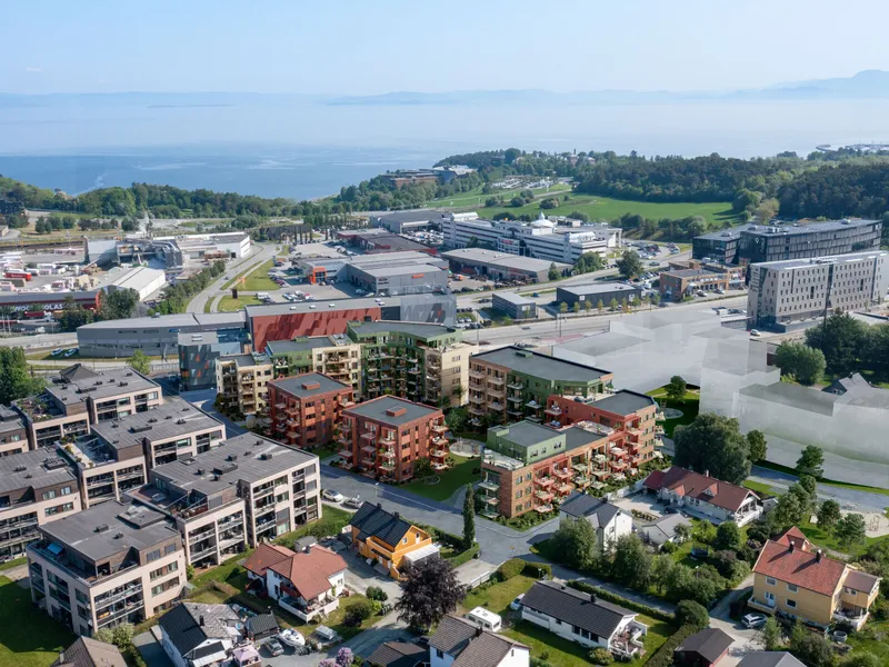 Gildheim ligger på Leangen i Trondheim. Byggetrinn 1. omfatter 87 leiligheter fordelt på tre bygg.. Illustrasjon: PKA Arkitekter.
