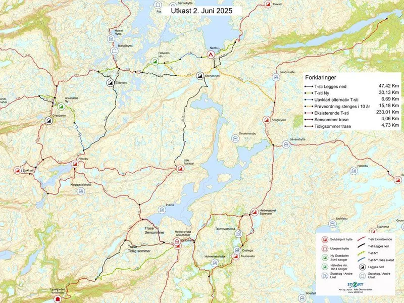 Kart over Ryfylke som viser T-merkede stier som skal fjernes og nye stier som skal merkes.