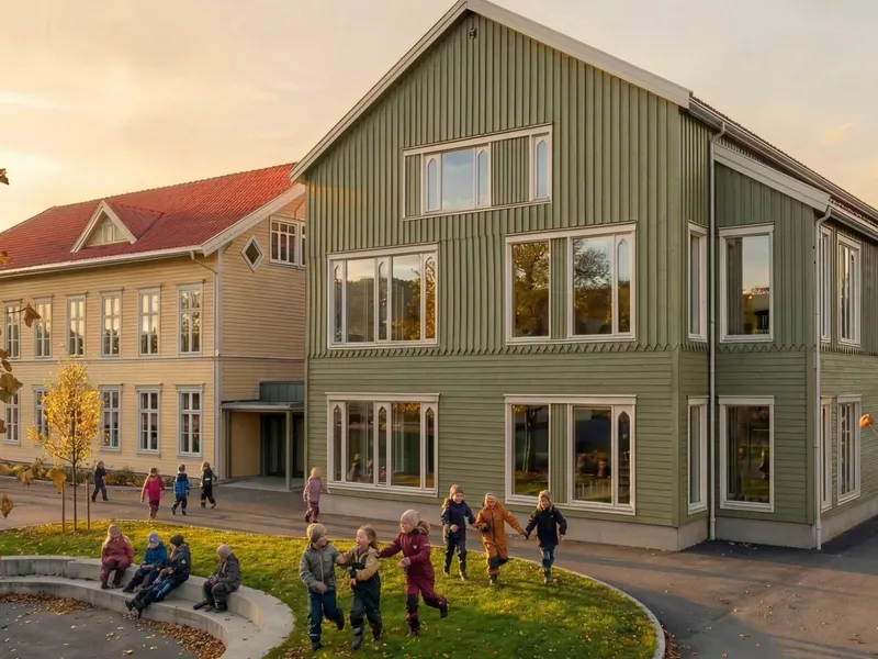 Det gamle skolebygget, sveitserhuset fra 1871, har fått sette standarden for tilbygget for alt fra farger til takvinkler og vindus­høyder ved Tordenskjods gate skole i Kristiansand. Illustrasjon: Ren Arkitektur og Kontur arkitekter.