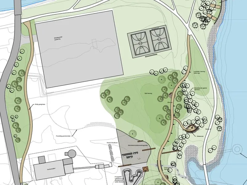 Skisse over planene på Gjøvikstranda som viser hvordan området vil bli utformet, inkludert nye gangstier, aktivitetsområder, grøntområder og sitteplasser.  - Klikk for stort bilde