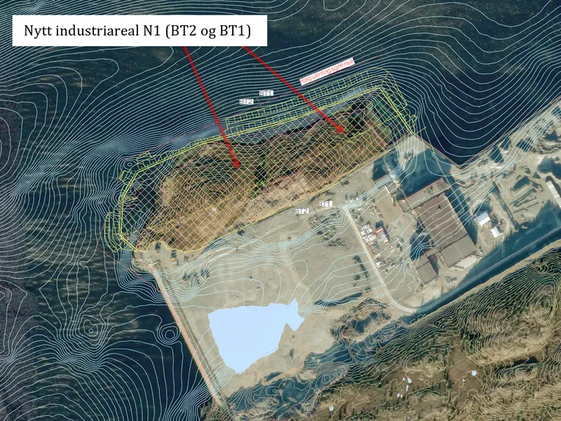Aerial map showing industrial area with contour lines, labeled sections, and water features.