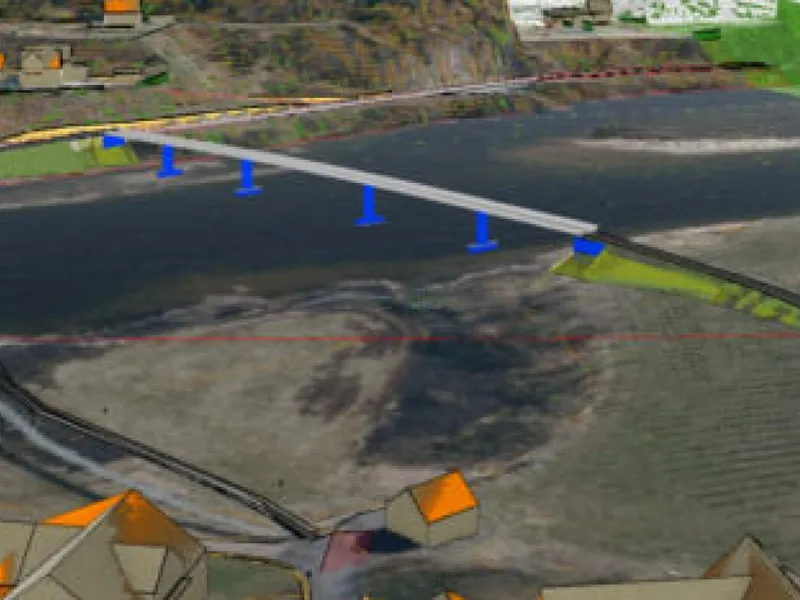 Den nye gang- og sykkelbrua blir 130 meter, og oppdraget omfatter også ny gang og sykkelvei på hver side av elven. Illustrasjon: Kristiansand kommune.
