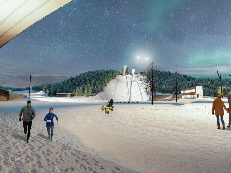 Granåsen skiarena. Snø, noen som løper, noen på akebrett.