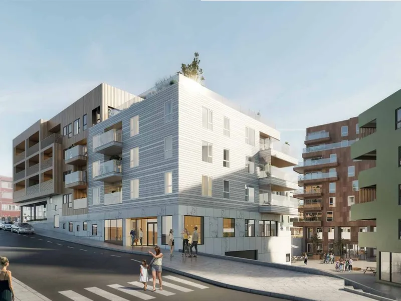 Byggetrinn 2 og 3 omfatter 50 leiligheter fordelt på to større leilighetsbygg, med næringsarealer i begge bygg. Illustrasjon: KB Arkitekter.