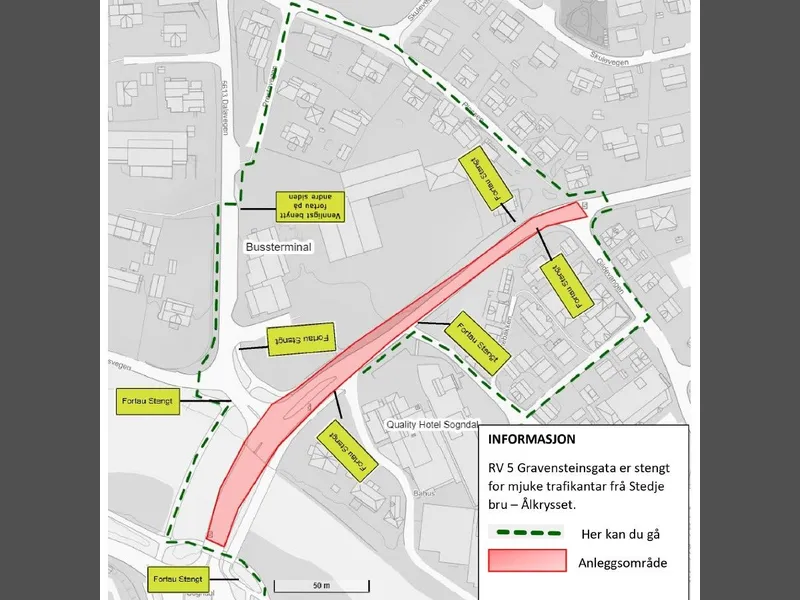 Mjuke trafikantar kan no ferdast der dei stipla linjene viser. Illustrasjon: Statens vegvesen