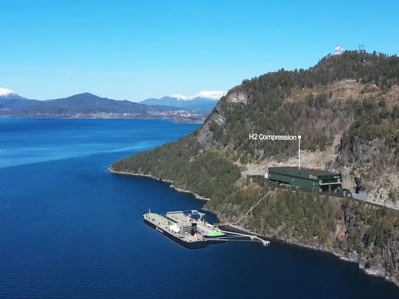Illustrasjonen av de delene av anlegget som ligger ved sjøen sammen med kaianlegg og fartøy fra Provaris Energy