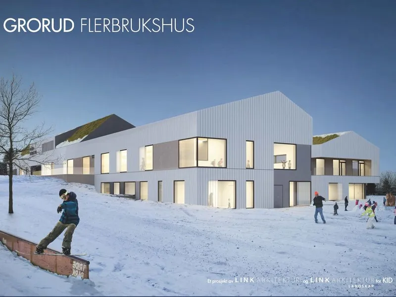Grorud flerbrukshus blir et foregangsprosjekt i Kultur- og idrettsbygg og Oslos «grønneste byggeprosjekt» når det starter opp i begynnelsen av 2018. Illustrasjon: LINK arkitektur