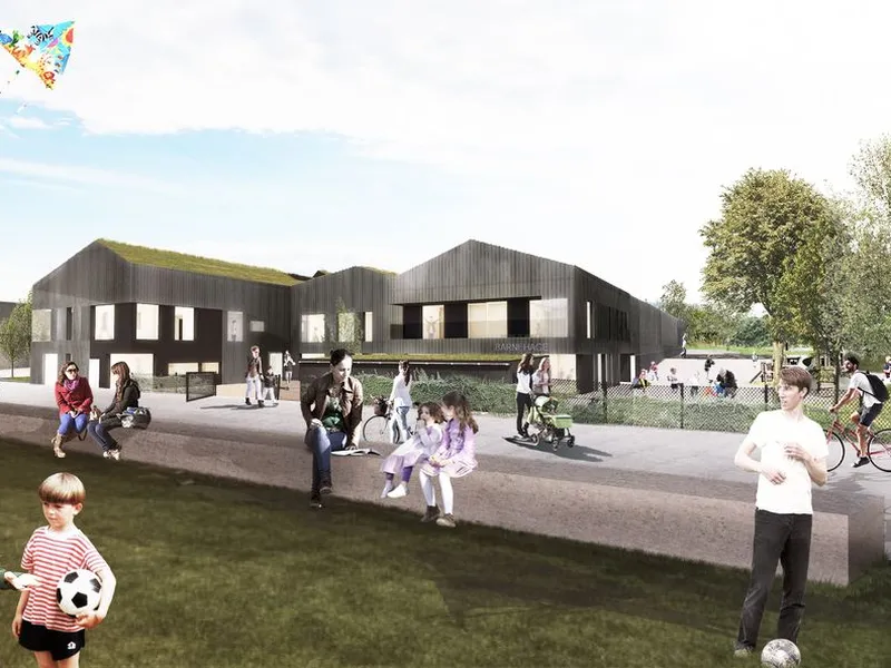Grorud flerbrukshus vil ha tre hovedfunksjoner som består av en flerbrukshall, klubbhus for Grorud IL samt en barnehage. Illustrasjon: Link arkitektur